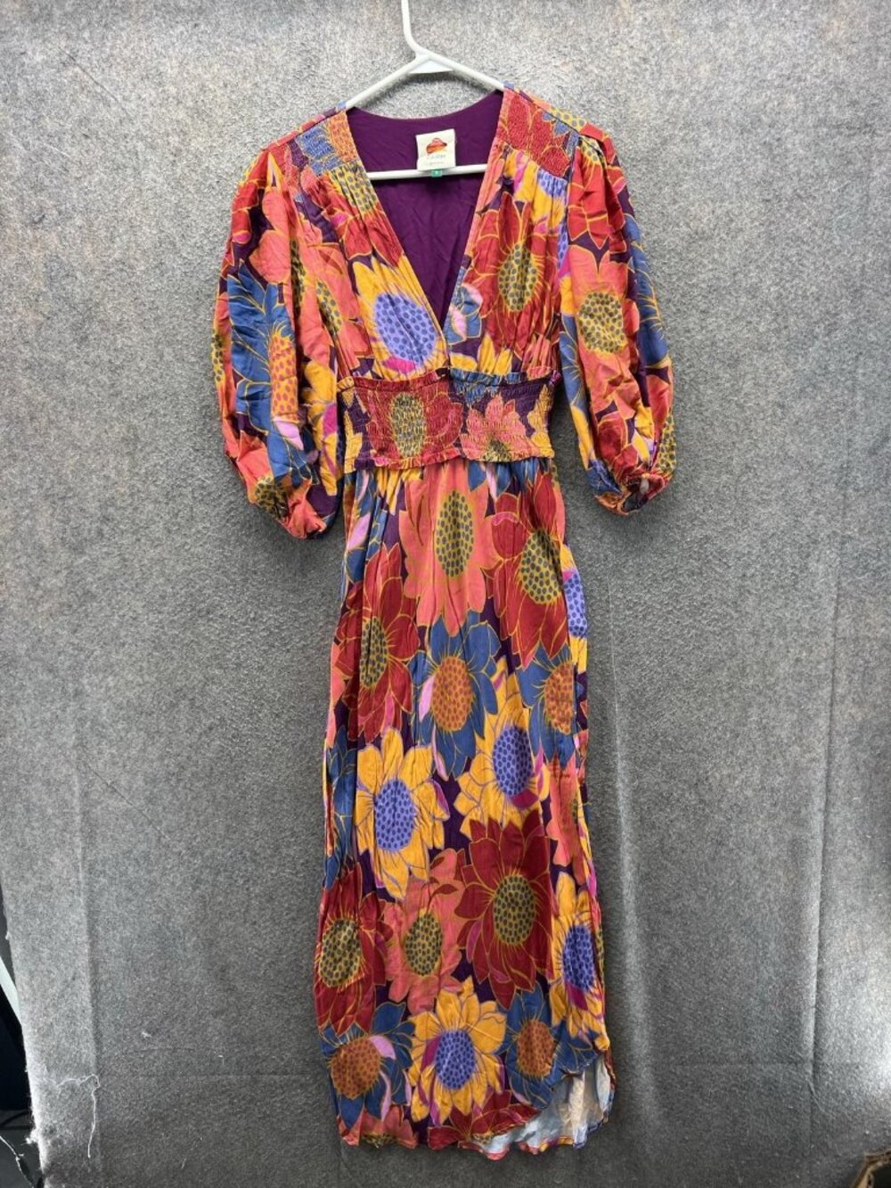 Farm Rio Dress Womens Small Multicolor Floral V Neck 3/4 Sleeve Boho Maxi